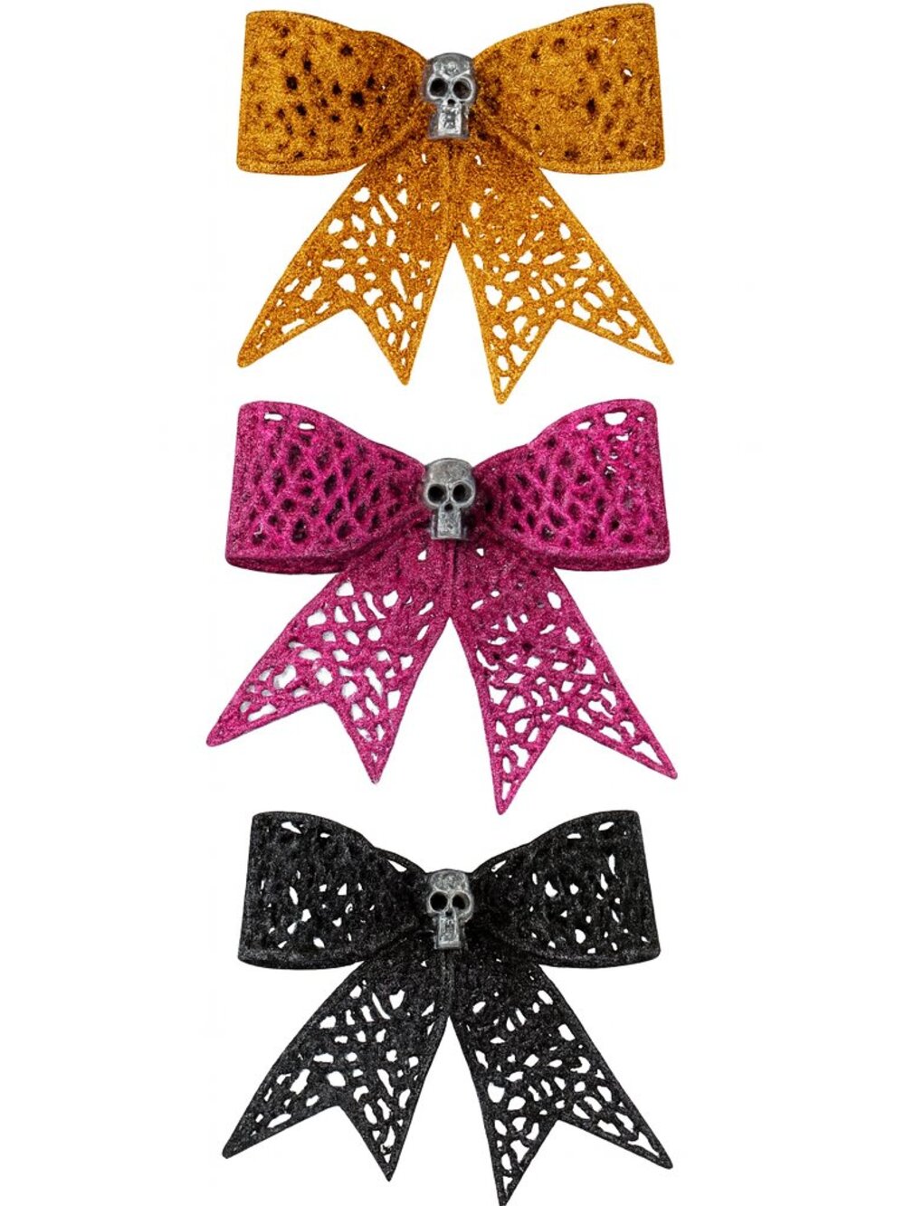 Halloween Skull Bows 3 Pack Glitter Lace Skeleton 10x4 Black Orange Magenta